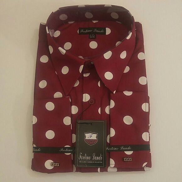 MEN'S FORTINO LANDI BURGUNDY-WHITE POLKA DOT SHIRT - Picture 1 of 3